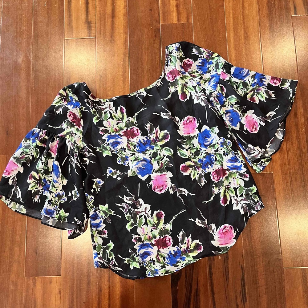 MILLY Black Blouse Floral Printed‎ Off-Shoulder Flounce Sleeves Size P / XS